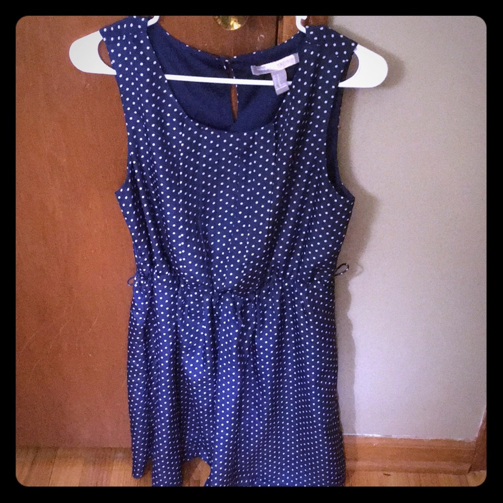 Blue and white polka dot dress.